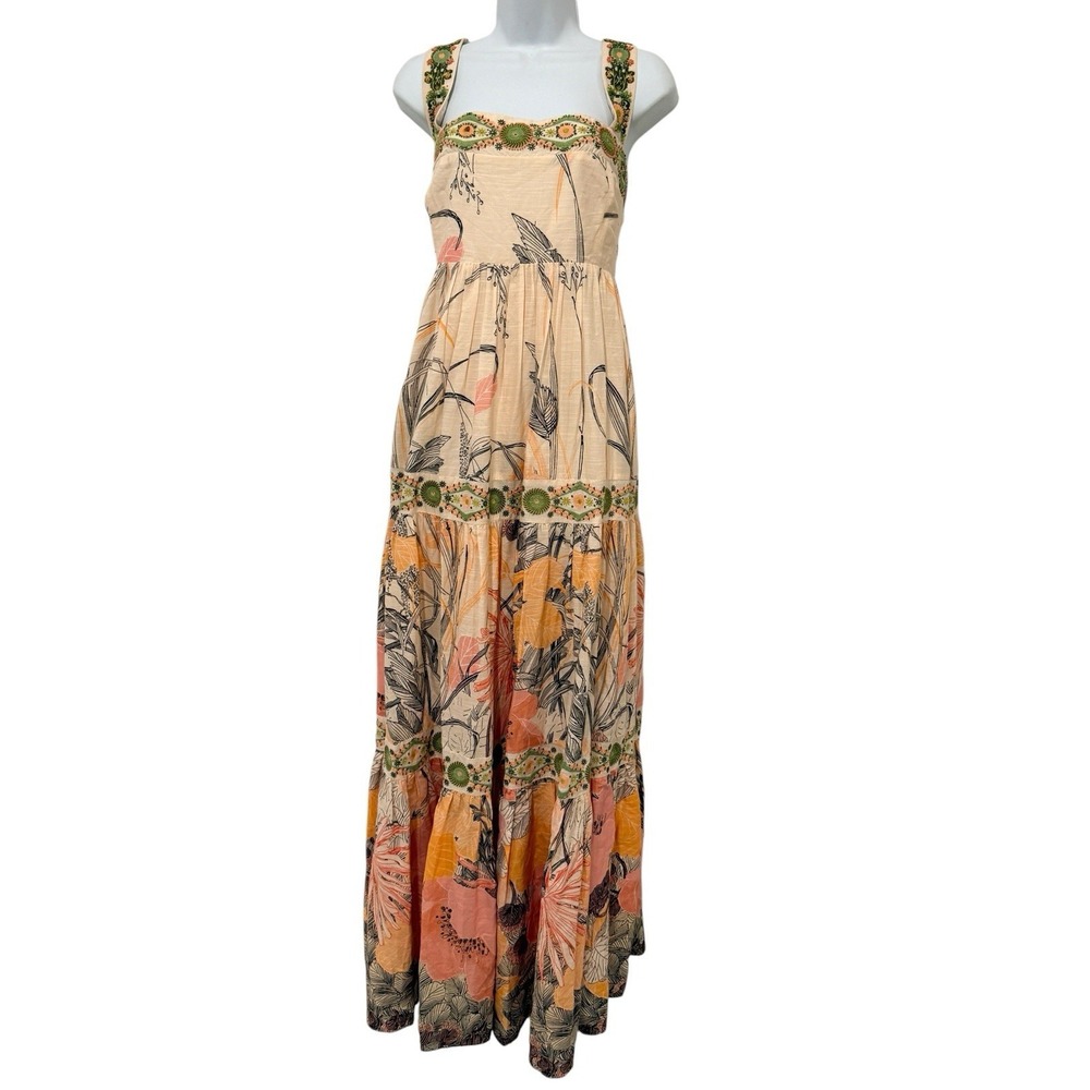 Artisan Embroidered Beaded Maxi Dress XL Boho Tie Back Lined Anthropologie Style